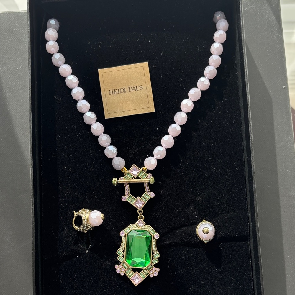 Heidi Daus Pastel Lilac Necklace with Green Crystal Drop and matching earrings